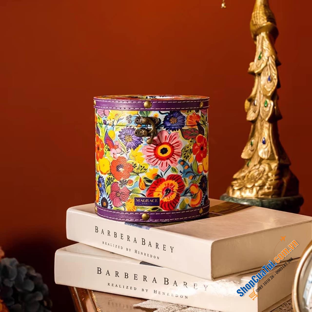 Hộp đựng giấy MAGRACE PARIS hình trụ tròn 14,5cm dáng Vintage phong cách cổ điển - Hoạ tiết hoa lá nhiệt đới đậm chất hội hoạ Châu Âu, vừa tinh tế vừa lãng mạn, có 3 mẫu