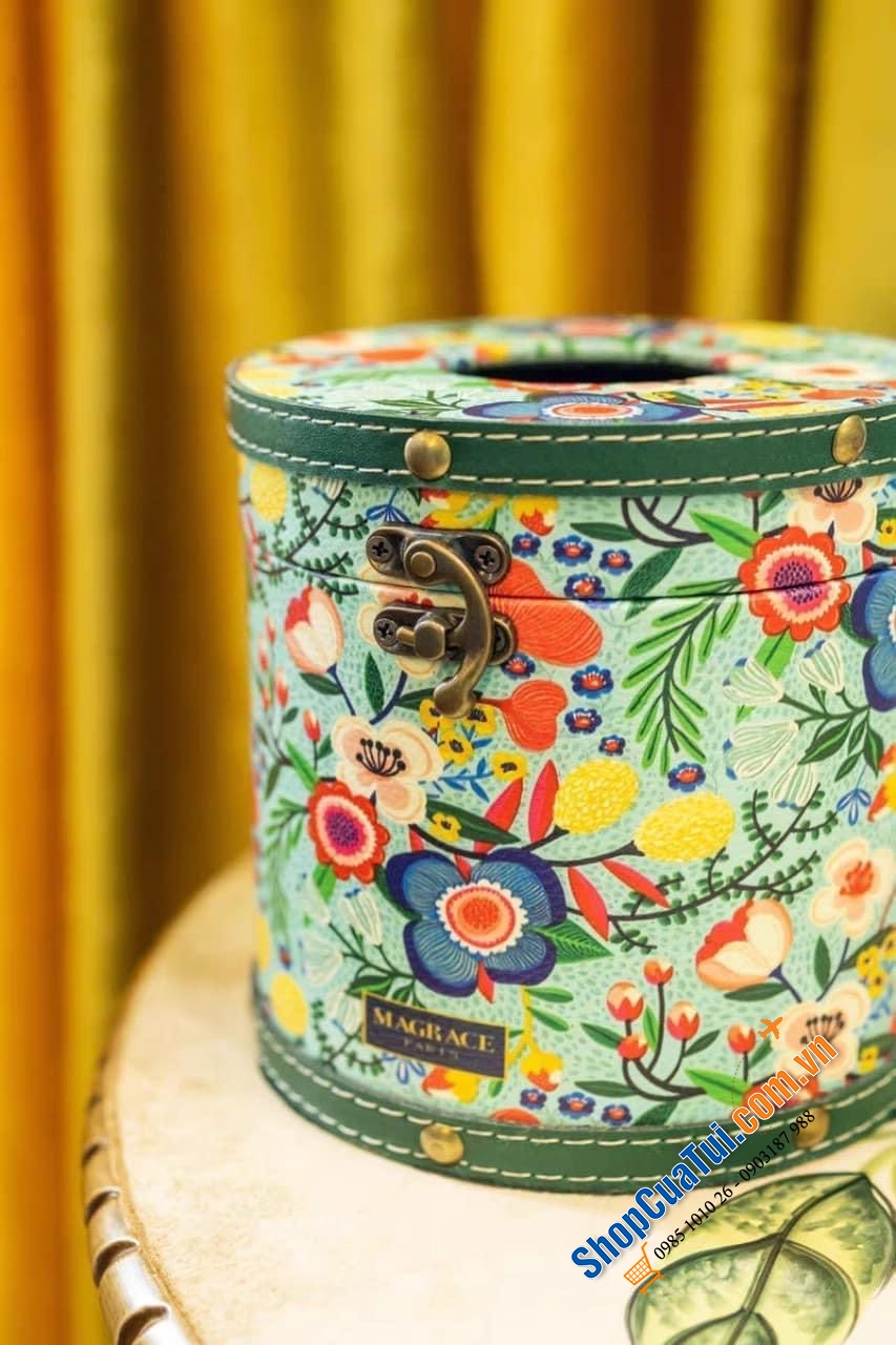 Hộp đựng giấy MAGRACE PARIS hình trụ tròn 14,5cm dáng Vintage phong cách cổ điển - Hoạ tiết hoa lá nhiệt đới đậm chất hội hoạ Châu Âu, vừa tinh tế vừa lãng mạn, có 3 mẫu