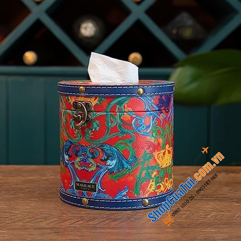 Hộp đựng giấy MAGRACE PARIS hình trụ tròn 14,5cm dáng Vintage phong cách cổ điển - Hoạ tiết hoa lá nhiệt đới đậm chất hội hoạ Châu Âu, vừa tinh tế vừa lãng mạn, có 3 mẫu
