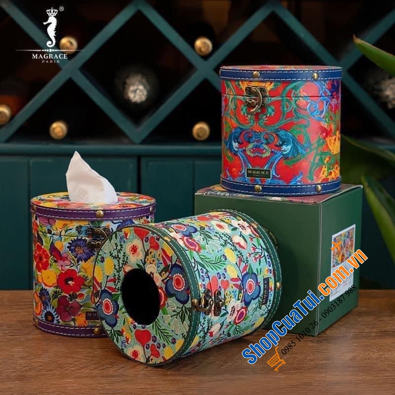 Hộp đựng giấy MAGRACE PARIS hình trụ tròn 14,5cm dáng Vintage phong cách cổ điển - Hoạ tiết hoa lá nhiệt đới đậm chất hội hoạ Châu Âu, vừa tinh tế vừa lãng mạn, có 3 mẫu