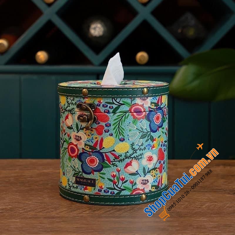 Hộp đựng giấy MAGRACE PARIS hình trụ tròn 14,5cm dáng Vintage phong cách cổ điển - Hoạ tiết hoa lá nhiệt đới đậm chất hội hoạ Châu Âu, vừa tinh tế vừa lãng mạn, có 3 mẫu
