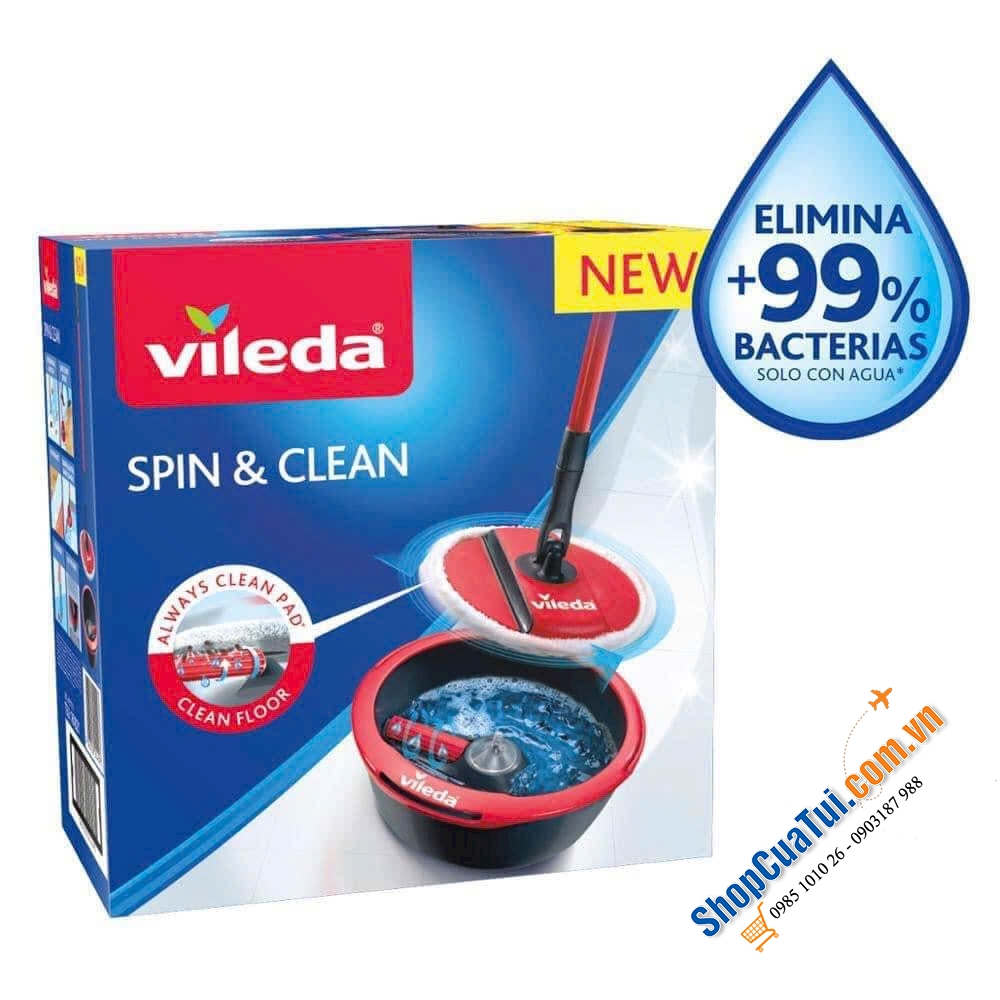 BỘ LAU NHÀ THÔNG MINH VILEDA SPIN & CLEAN - Cây lau chắc chắn, sử dụng nhẹ nhàng, bông lau thấm hút tốt