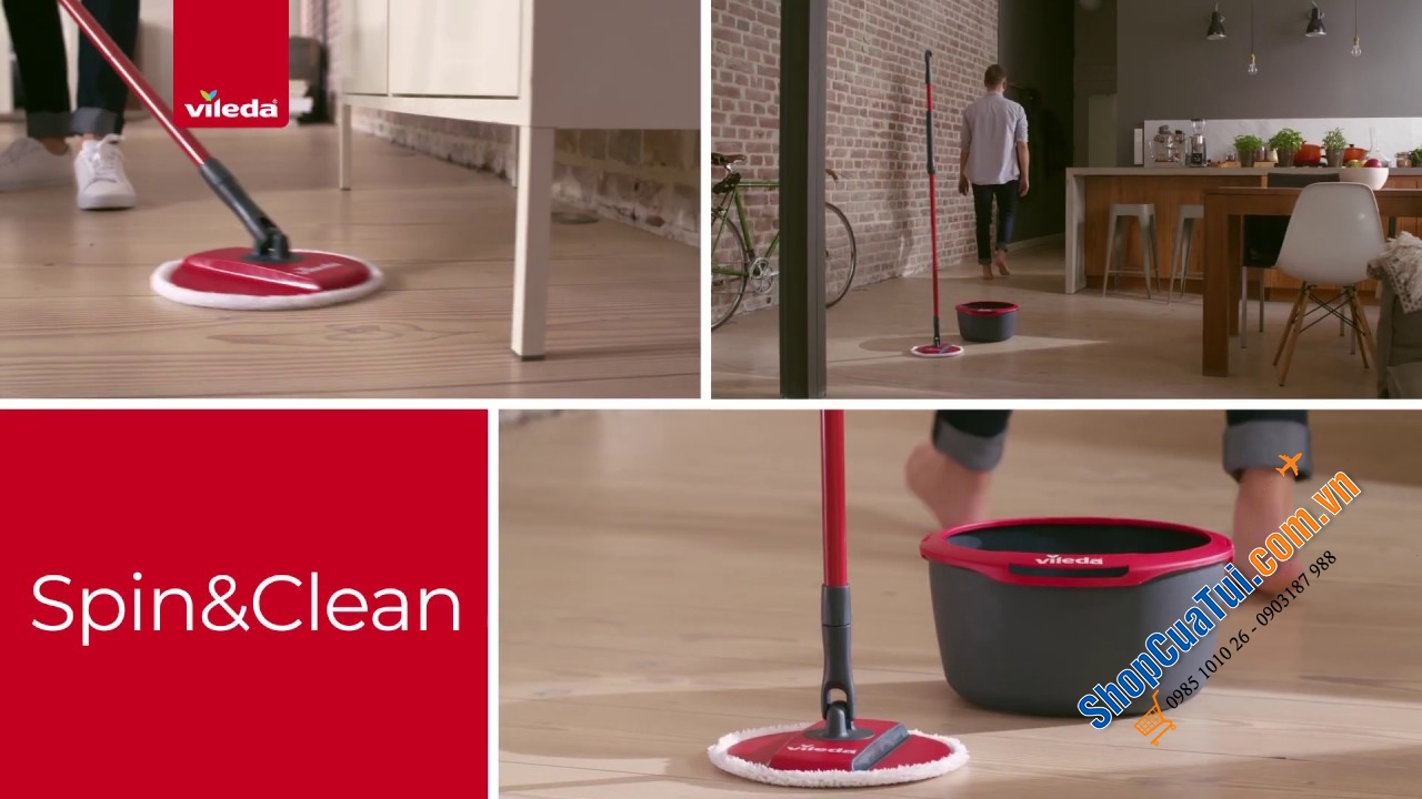BỘ LAU NHÀ THÔNG MINH VILEDA SPIN & CLEAN - Cây lau chắc chắn, sử dụng nhẹ nhàng, bông lau thấm hút tốt
