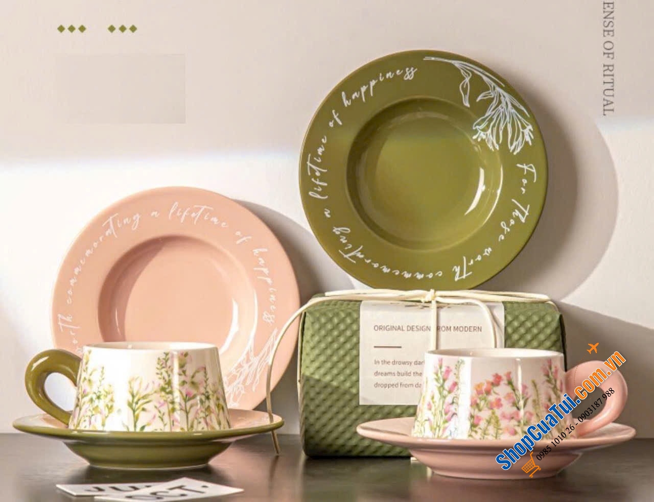 SET 2 TÁCH 2 ĐĨA TRÀ CHIỀU  CAO CẤP UK - hoạ tiết hoa cỏ-  Làm bằng sứ cao cấp phong cách vintgae cực xinh