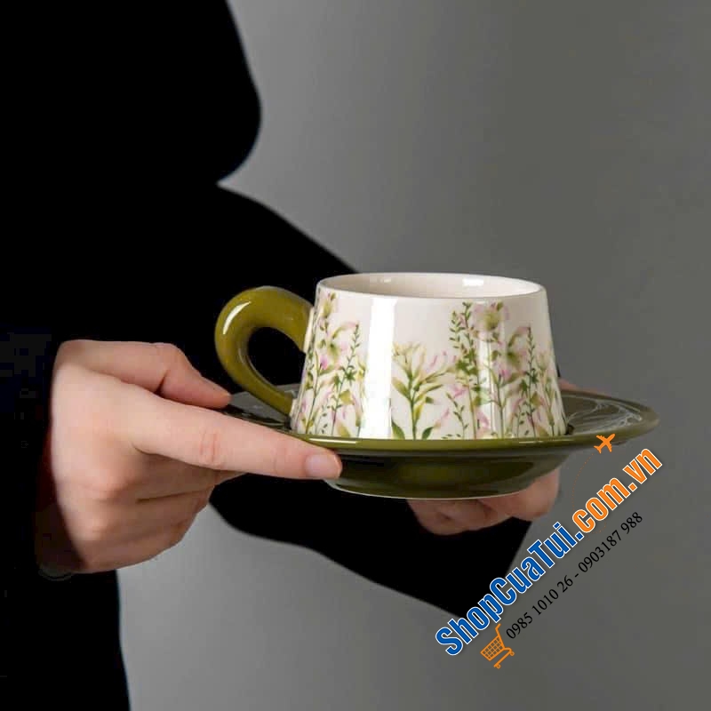 SET 2 TÁCH 2 ĐĨA TRÀ CHIỀU  CAO CẤP UK - hoạ tiết hoa cỏ-  Làm bằng sứ cao cấp phong cách vintgae cực xinh