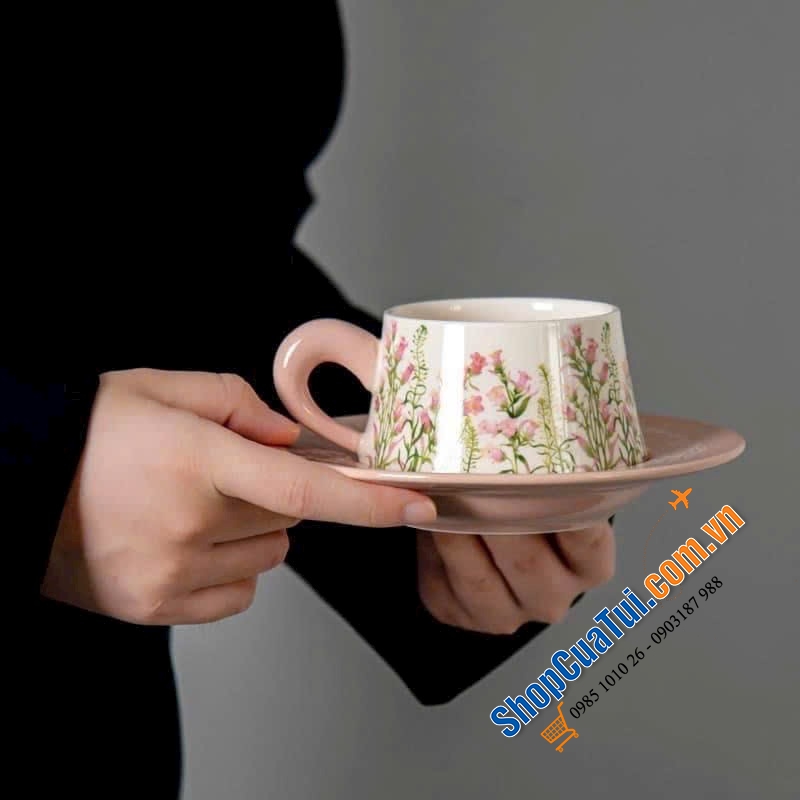 SET 2 TÁCH 2 ĐĨA TRÀ CHIỀU  CAO CẤP UK - hoạ tiết hoa cỏ-  Làm bằng sứ cao cấp phong cách vintgae cực xinh