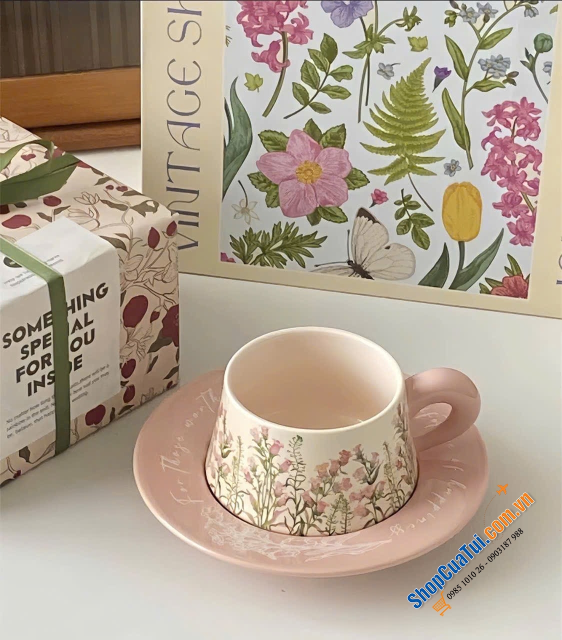 SET 2 TÁCH 2 ĐĨA TRÀ CHIỀU  CAO CẤP UK - hoạ tiết hoa cỏ-  Làm bằng sứ cao cấp phong cách vintgae cực xinh