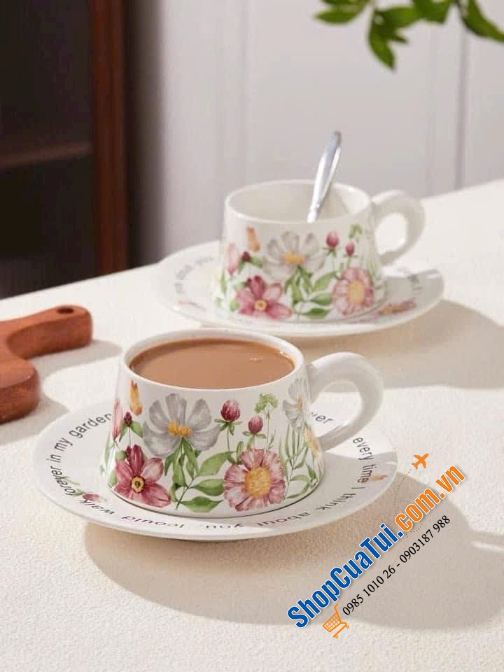 Sét tách trà và đĩa lót tách trà, cafe hoa mùa xuân (sét 2 tách 260ml + 2 đĩa 16.5cm)