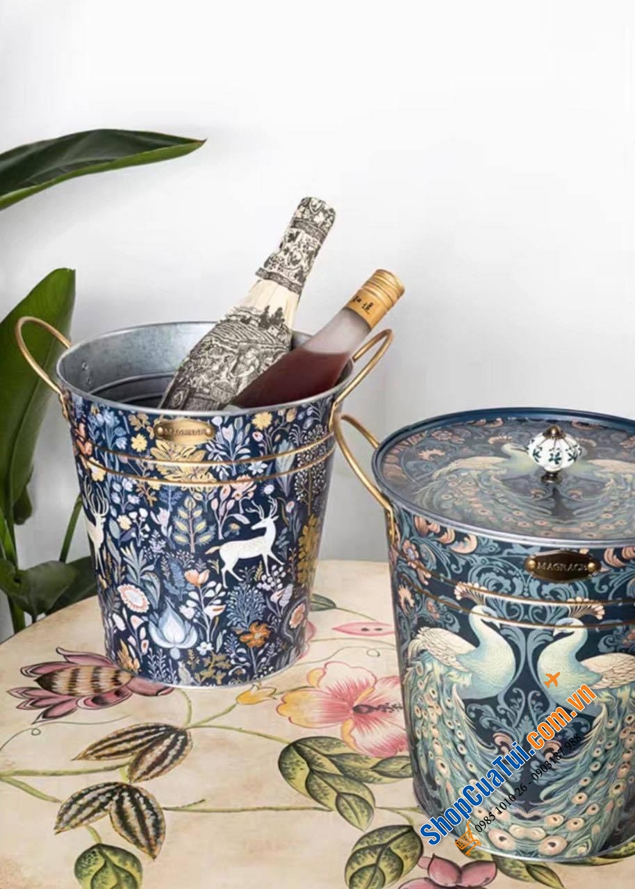 Xô đá Magrace Paris cao cấp 5L để Decor xuất sắc, sẵn 3 mẫu: tuần lộc, chim công, hoa trái