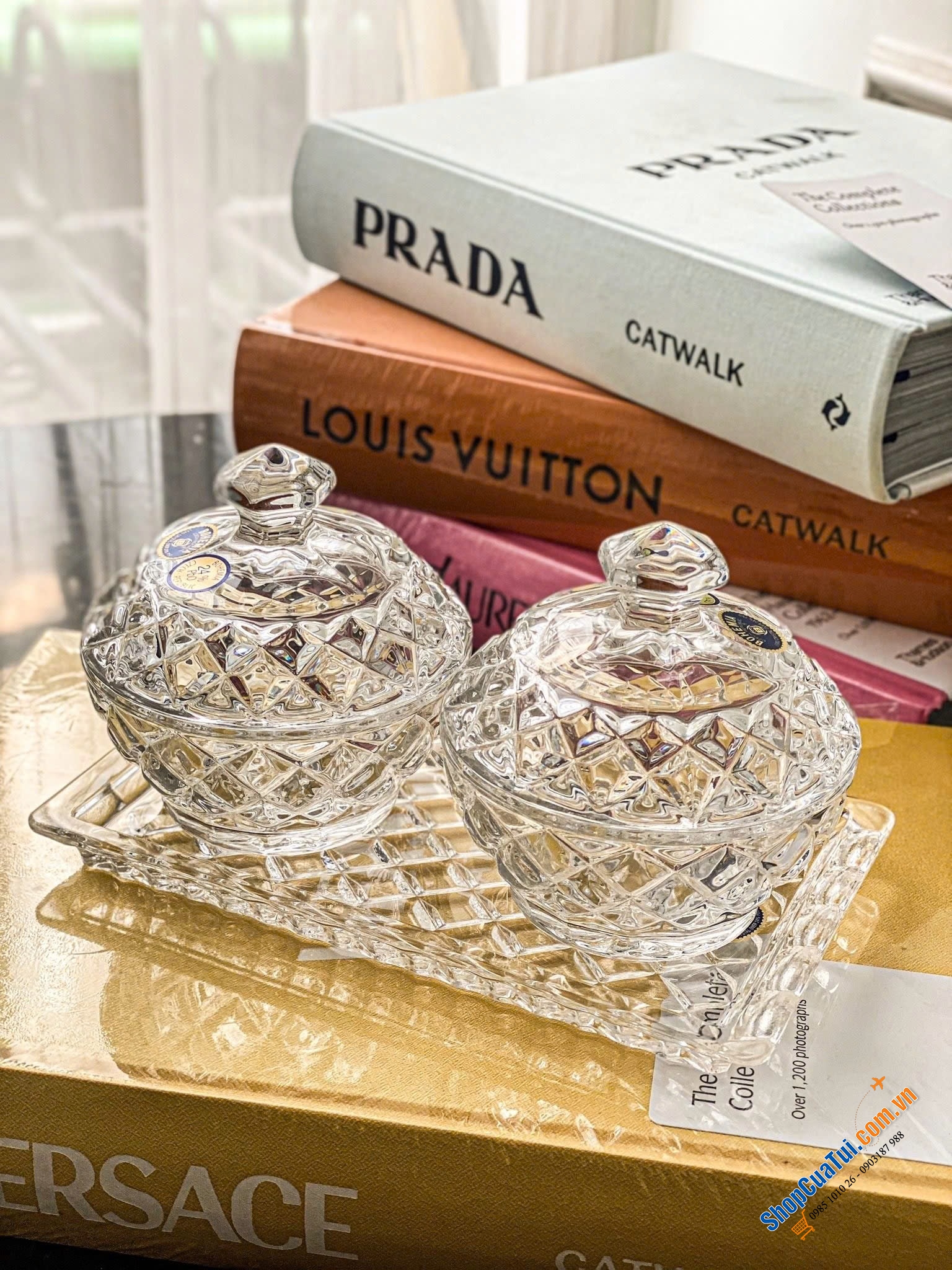 Combo sét 2 thố Bohemia 10cm cùng đĩa 19cm vân caro đầy cảm hứng