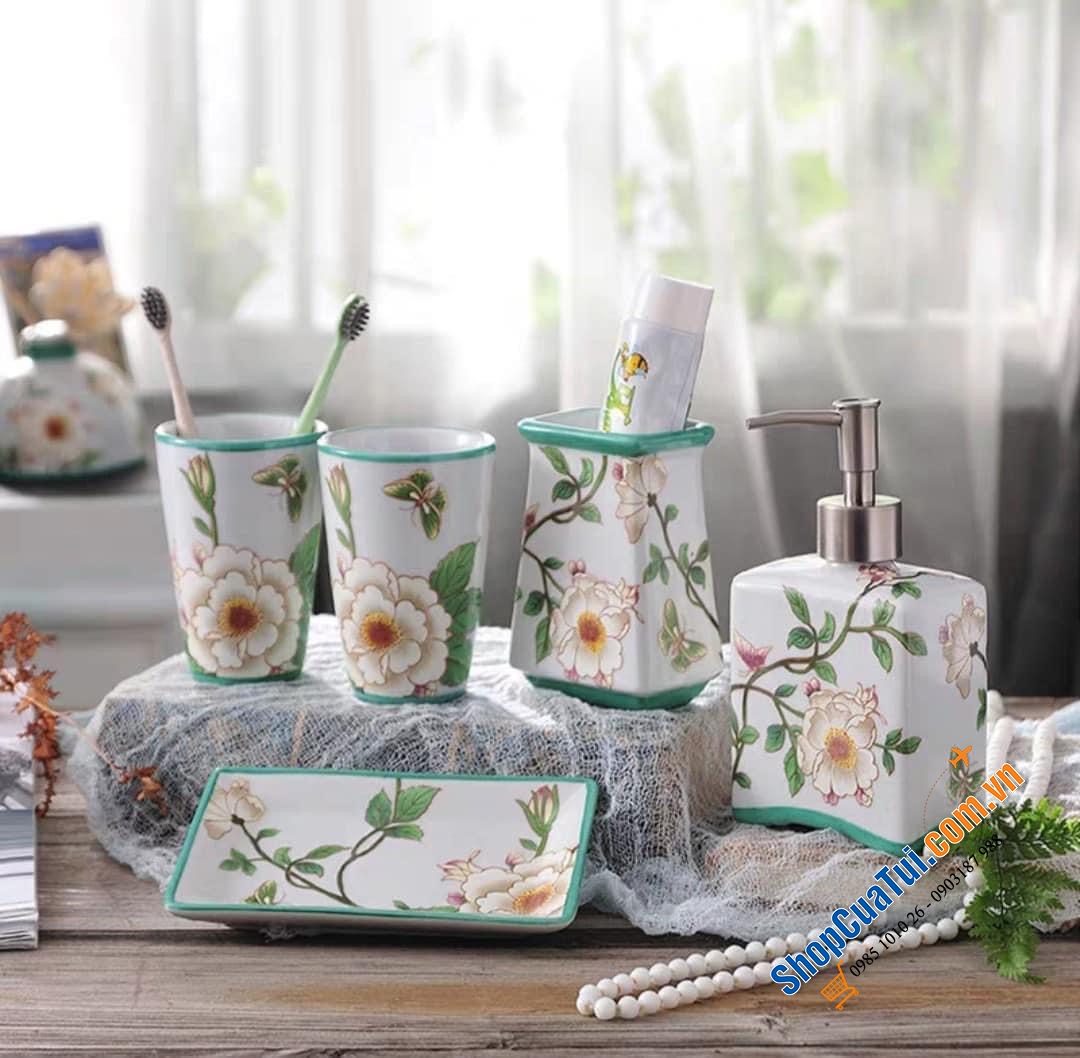 Set nhà tắm sứ cao cấp Olive UK họa tiết hoa 5 món