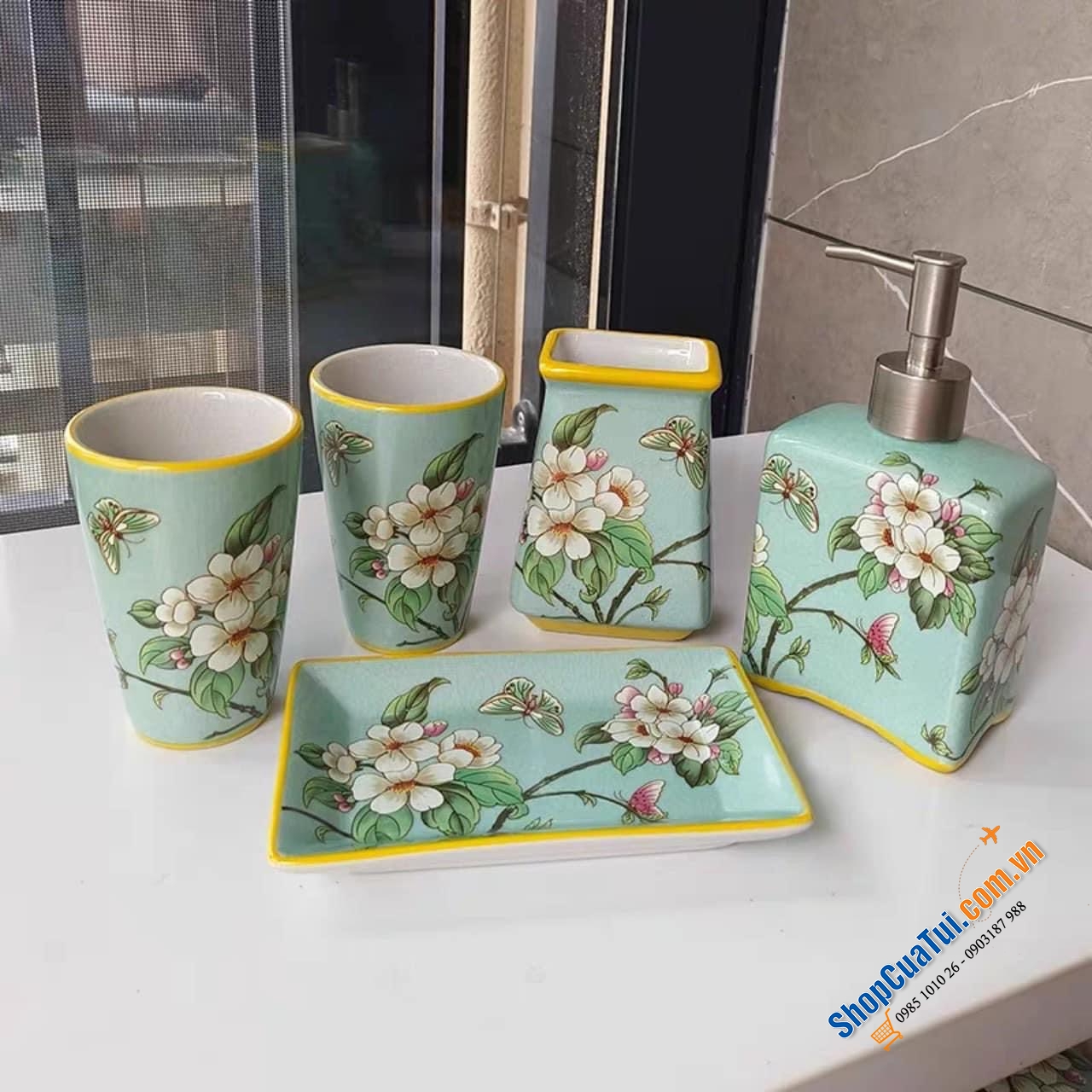 Set nhà tắm sứ cao cấp Olive UK họa tiết hoa 5 món