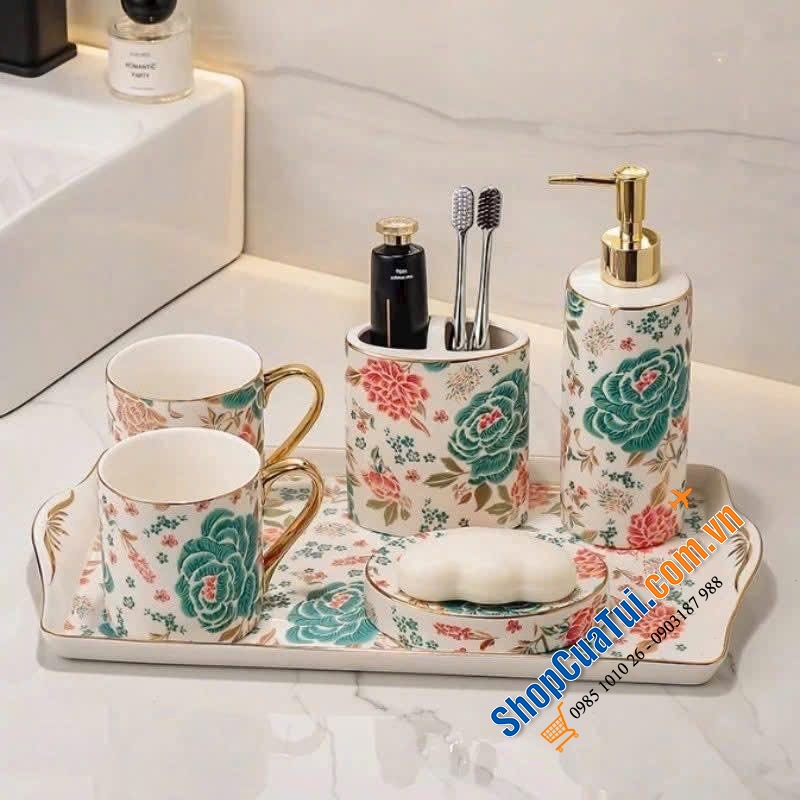 Set nhà tắm sứ cao cấp Olive UK họa tiết hoa 5 món