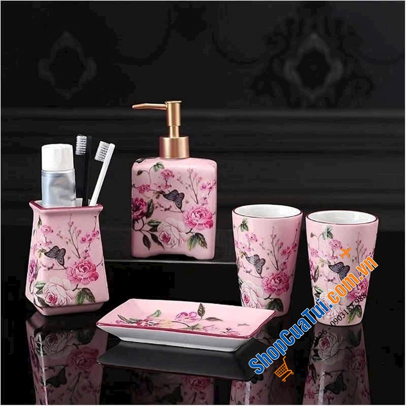 Set nhà tắm sứ cao cấp Olive UK họa tiết hoa 5 món
