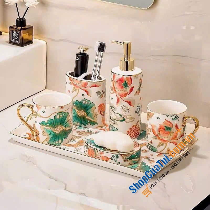 Set nhà tắm sứ cao cấp Olive UK họa tiết hoa 5 món