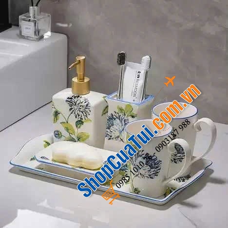 Set nhà tắm sứ cao cấp Olive UK họa tiết hoa 5 món