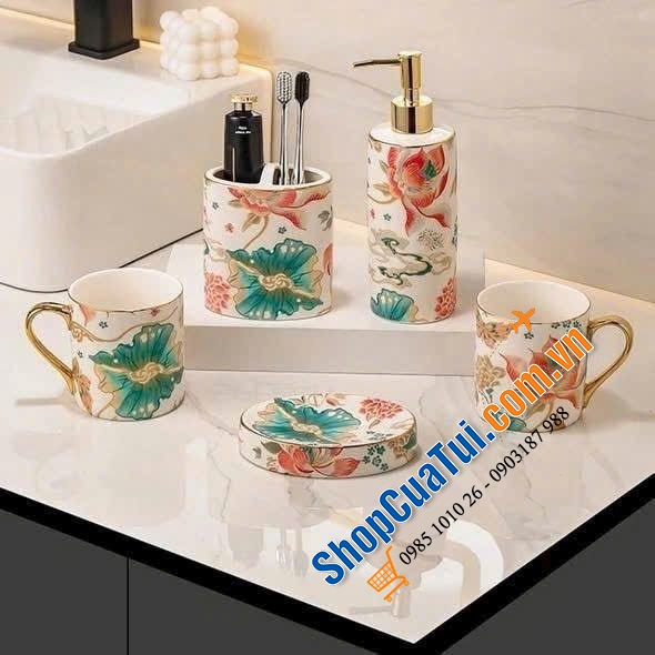 Set nhà tắm sứ cao cấp Olive UK họa tiết hoa 5 món