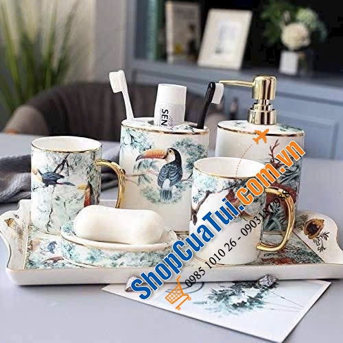 Set nhà tắm sứ cao cấp Olive UK họa tiết hoa 5 món