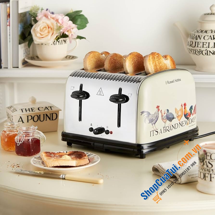 Máy Nướng Bánh Mì Russell Hobbs Rise & Shine 25780 4 Lát Màu Kem hoạ tiết trang trại cực xinh