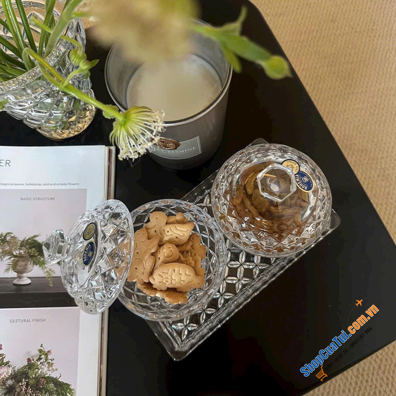 Combo sét 2 thố Bohemia 10cm cùng đĩa 19cm vân caro đầy cảm hứng - SET ĐỰNG ĐƯỜNG 3 MÓN BOHEMIA CRYSTAL