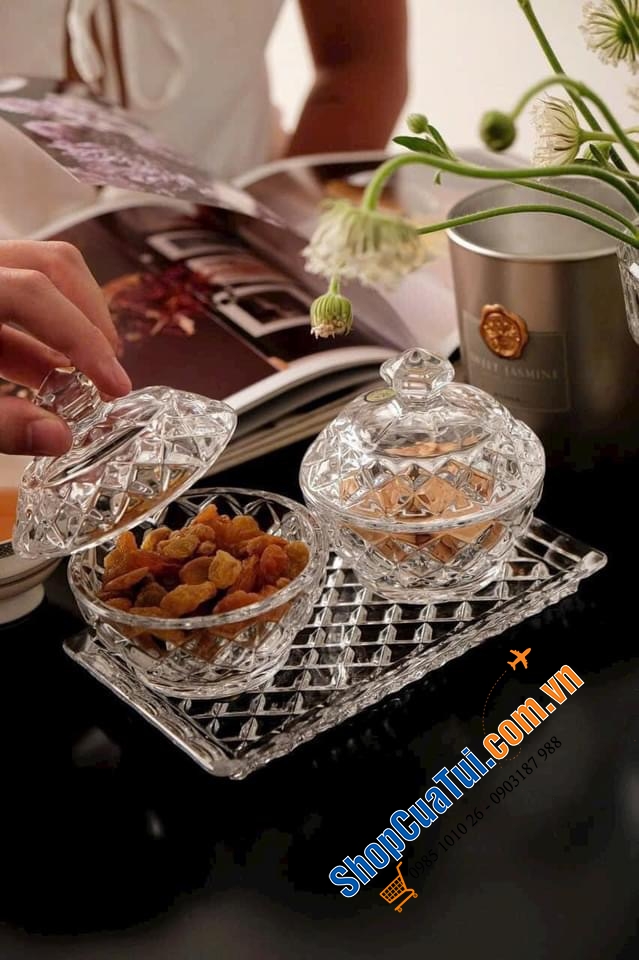 Combo sét 2 thố Bohemia 10cm cùng đĩa 19cm vân caro đầy cảm hứng - SET ĐỰNG ĐƯỜNG 3 MÓN BOHEMIA CRYSTAL