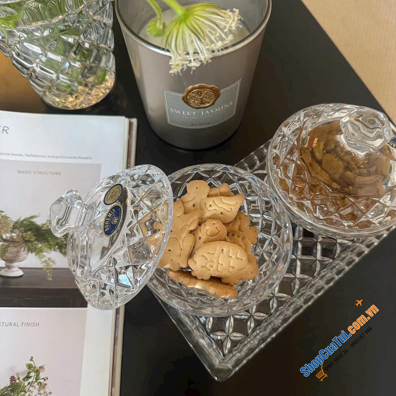 Combo sét 2 thố Bohemia 10cm cùng đĩa 19cm vân caro đầy cảm hứng - SET ĐỰNG ĐƯỜNG 3 MÓN BOHEMIA CRYSTAL