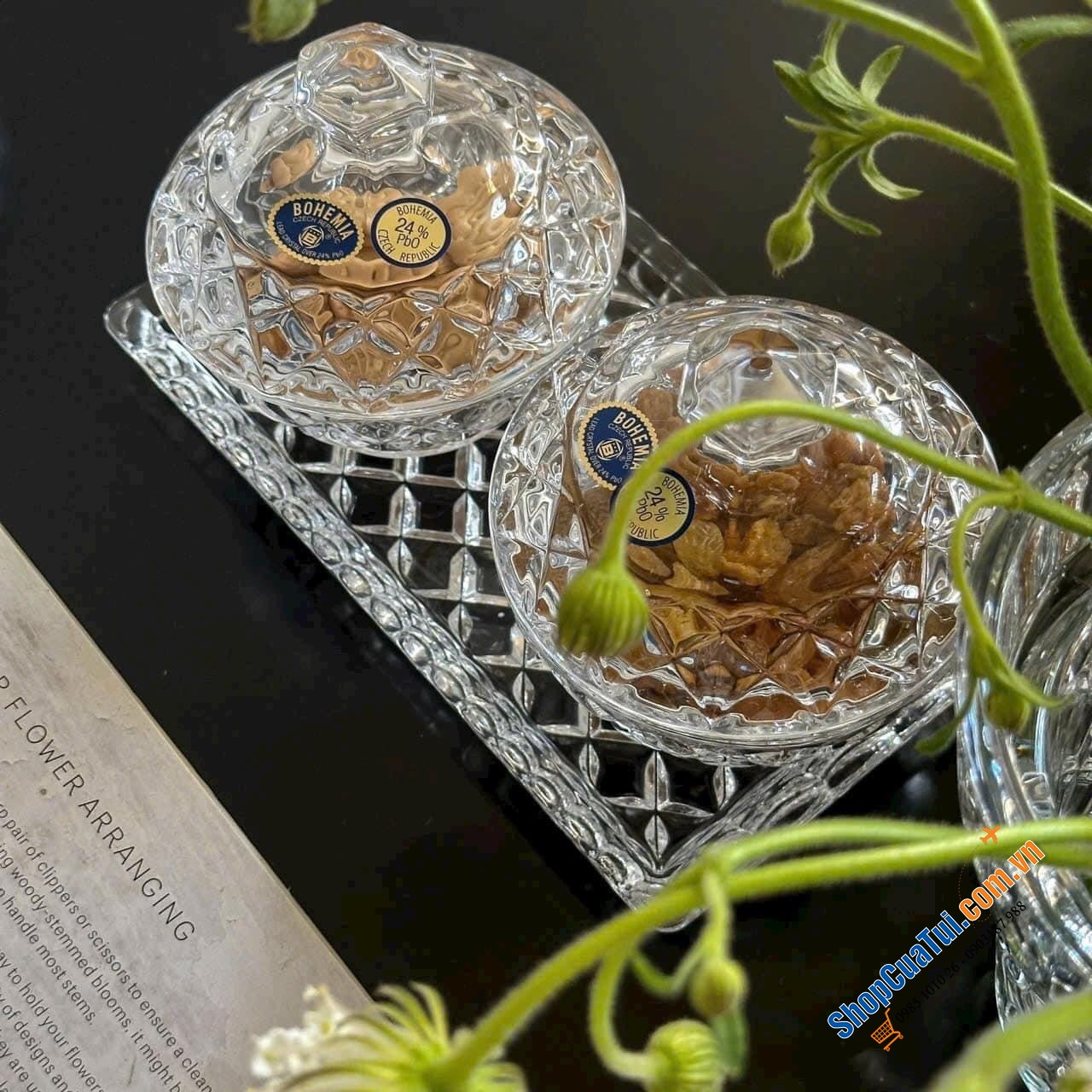 Combo sét 2 thố Bohemia 10cm cùng đĩa 19cm vân caro đầy cảm hứng - SET ĐỰNG ĐƯỜNG 3 MÓN BOHEMIA CRYSTAL