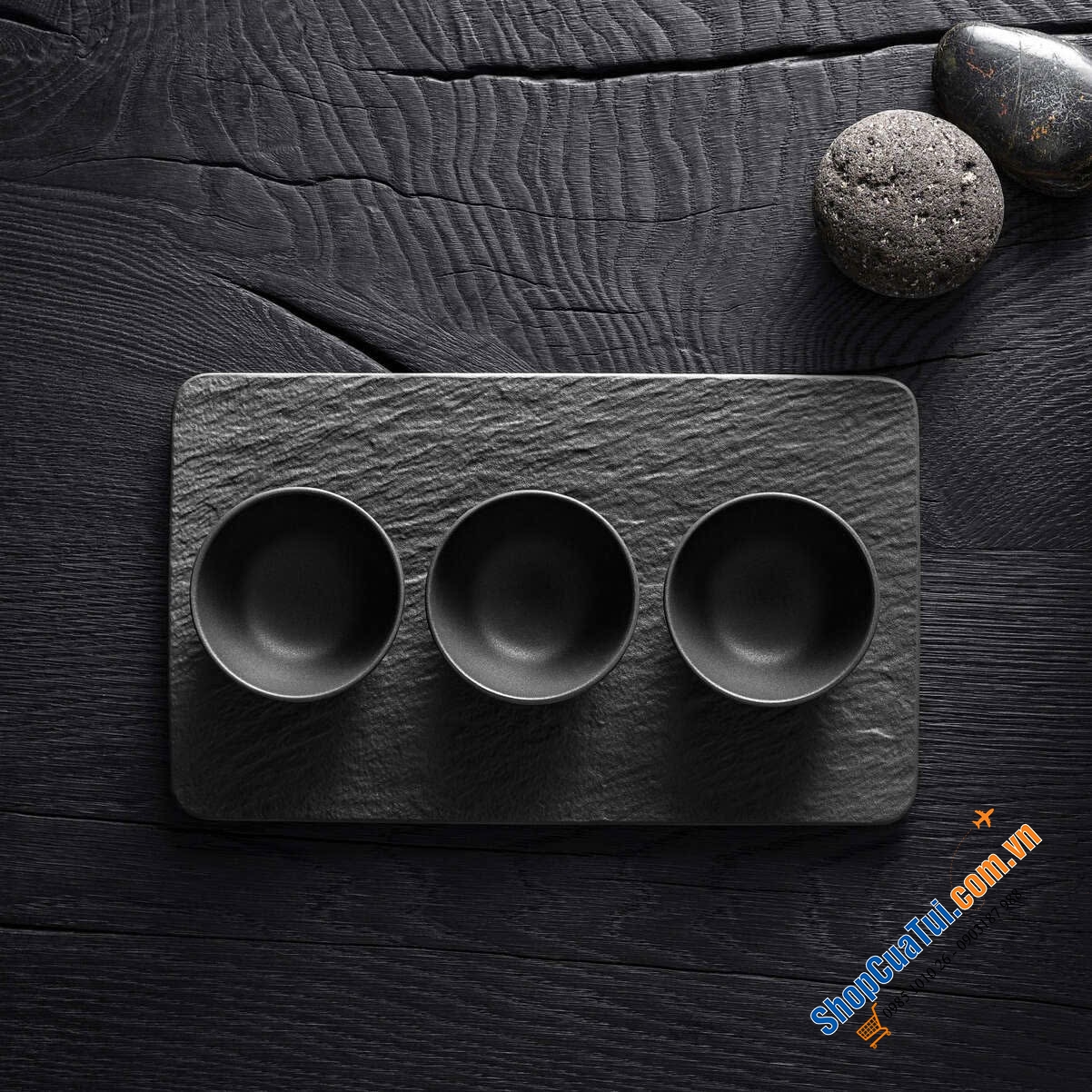 Sét 3 bát nước chấm Villeroy & Boch kèm khay Manufacture  - Set 1 khay và 3 bát chấm 8cm Villeroy Boch Manufacture Rock