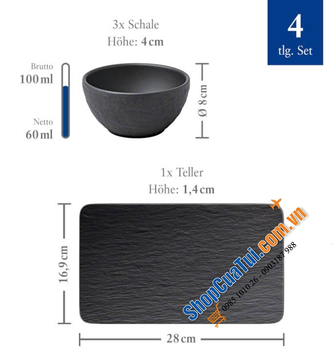 Sét 3 bát nước chấm Villeroy & Boch kèm khay Manufacture  - Set 1 khay và 3 bát chấm 8cm Villeroy Boch Manufacture Rock