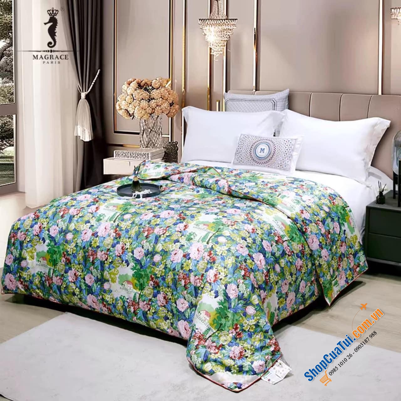 Chiếc chăn lụa tơ tằm 100% Magrace Paris 2mx2m3 mềm nhẹ , xịn sò, màu sắc hoa trang nhã, cho một giấc ngủ sâu