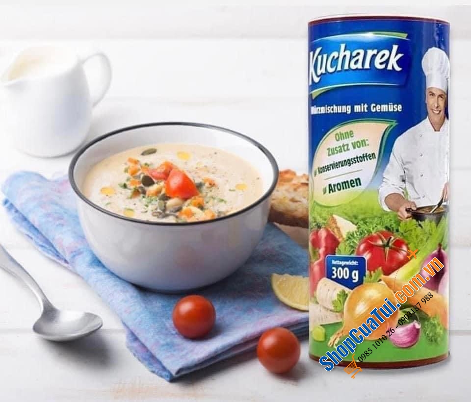 Hạt nêm rau củ hữu cơ KUCHAREK thơm ngon. Hộp 300gr, sử dụng nắp xoay vặn tiện dụng.