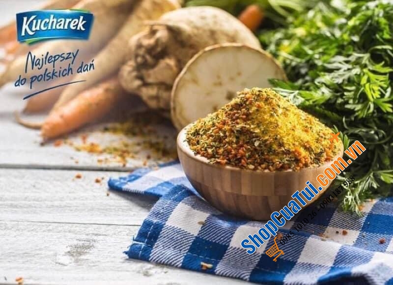 Hạt nêm rau củ hữu cơ KUCHAREK thơm ngon. Hộp 300gr, sử dụng nắp xoay vặn tiện dụng.