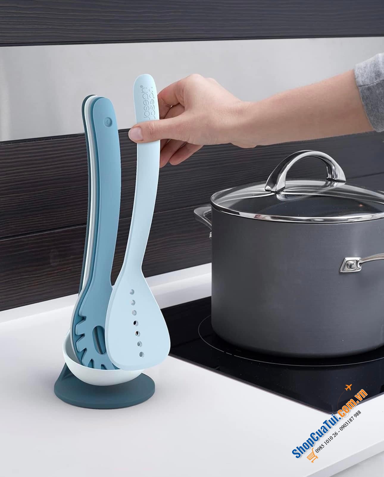 Bộ dụng cụ nấu ăn 5 món kèm giá đỡ Joseph Joseph 10526 Editions Nest™ Küchenhelfer Plus, 5-teiliges Set – Sky (màu xanh).