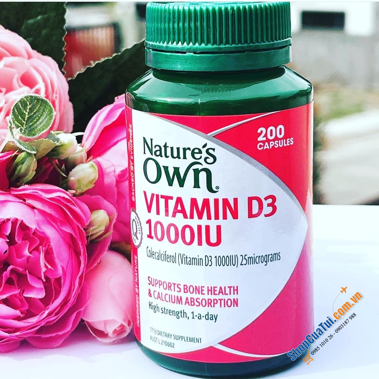 Viên nang nhỏ Nature Own Vitamin D3 1000iu 200 Capsules - bổ sung liều vitamin D hàng ngày, Hỗ trợ sức khỏe xương và hấp thụ canxi