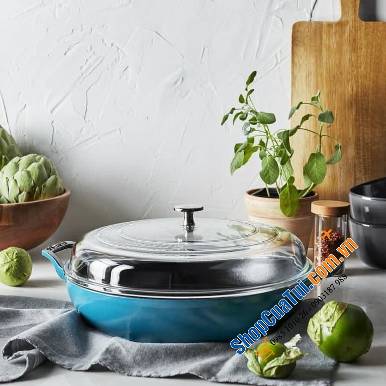 NỒI CHẢO GANG STAUB NẮP VUNG KÍNH 30CM MẦU XANH iceblue.