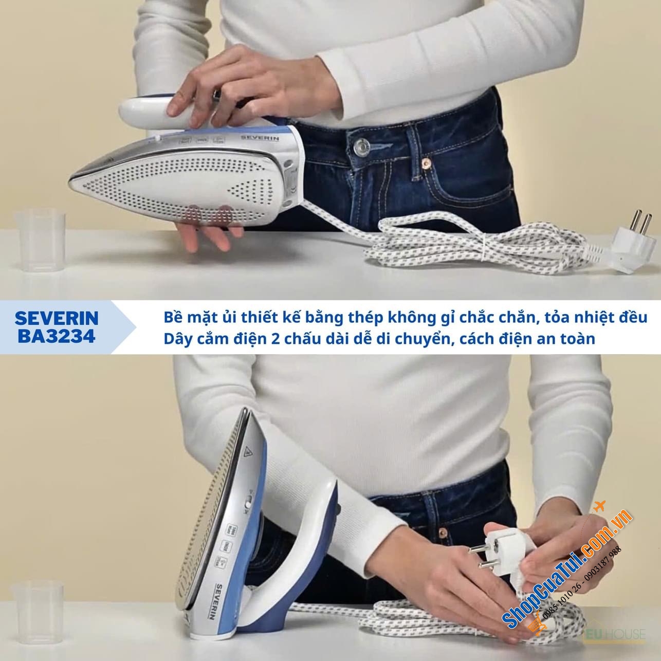 BÀN LÀ HƠI NƯỚC CẦM TAY SEVERIN BA3234 - Nội địa Đức - dành cho đi du lịch, công tác