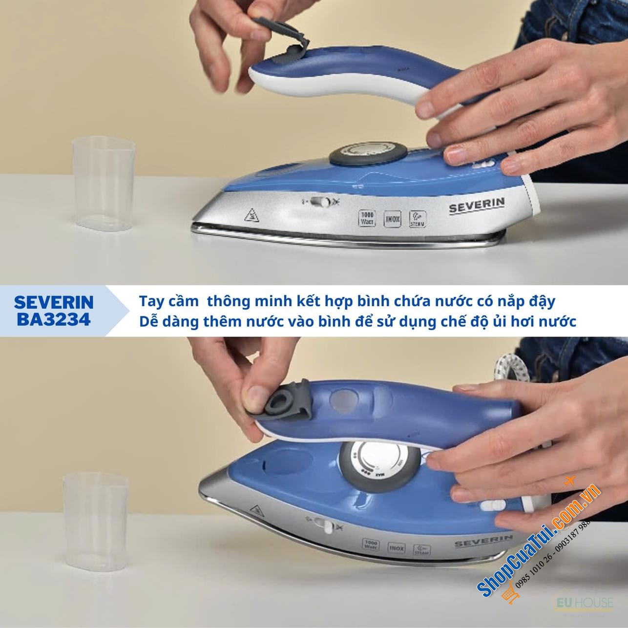 BÀN LÀ HƠI NƯỚC CẦM TAY SEVERIN BA3234 - Nội địa Đức - dành cho đi du lịch, công tác