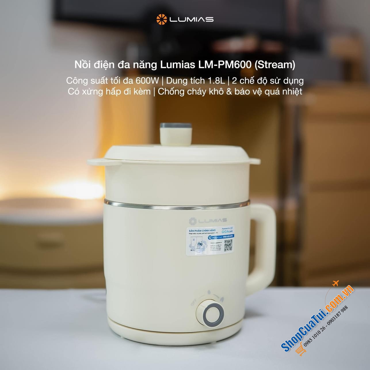 Lumias LM-PM600 - nồi lẩu điện mini đa năng dung tích 1.8L kèm khay hấp, nấu mì, nồi hấp, ăn lẩu 1-2 người, nấu ăn của các bạn sinh viên...