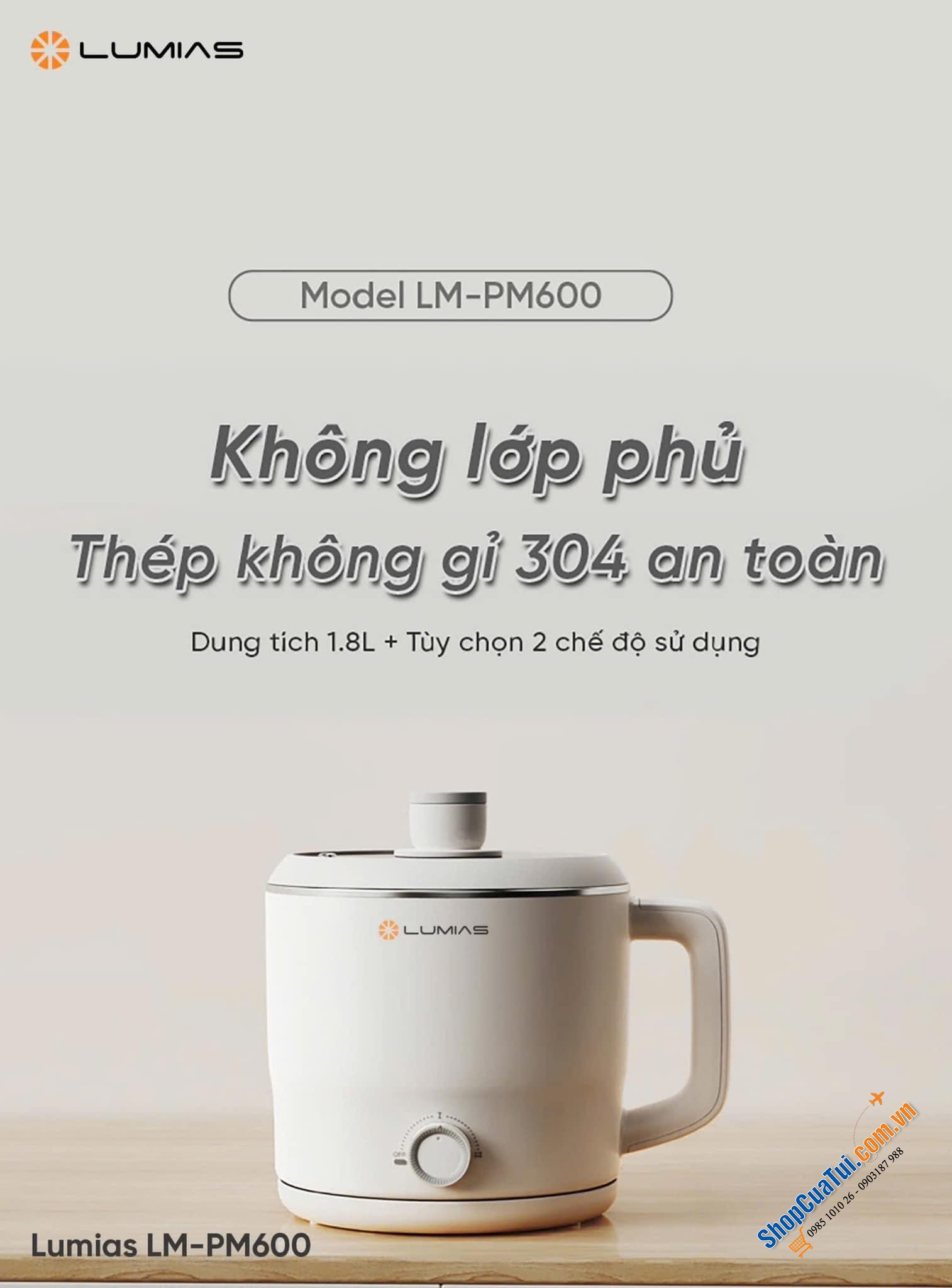 Lumias LM-PM600 - nồi lẩu điện mini đa năng dung tích 1.8L kèm khay hấp, nấu mì, nồi hấp, ăn lẩu 1-2 người, nấu ăn của các bạn sinh viên...