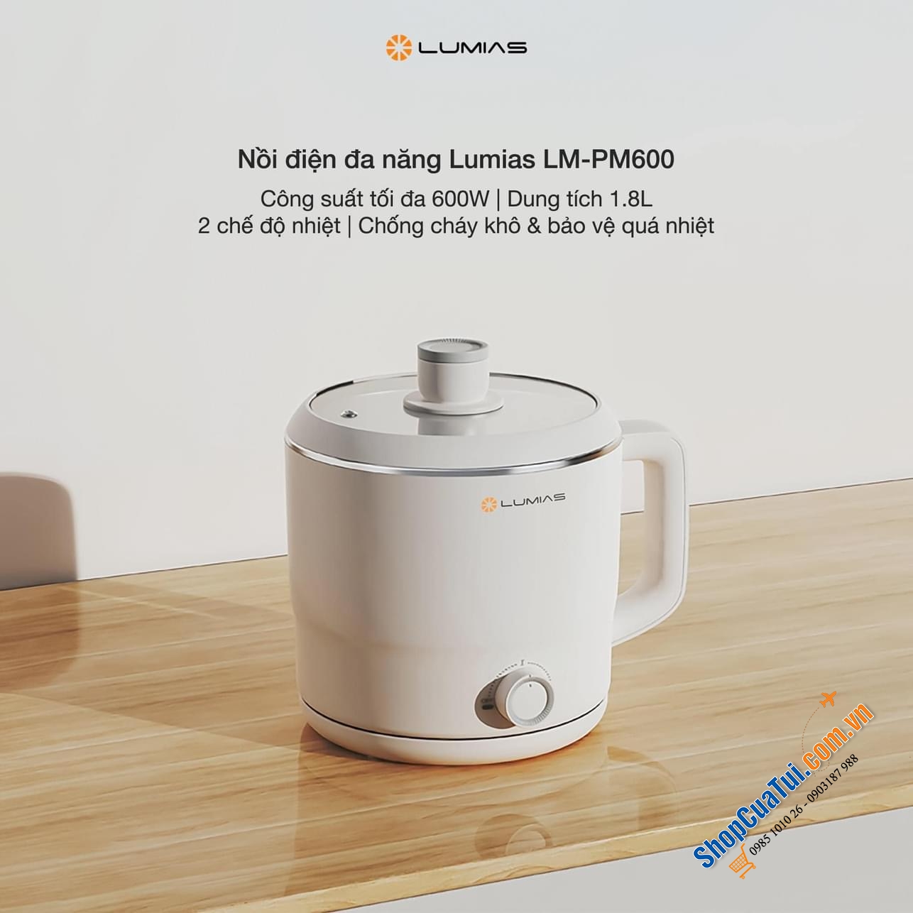 Lumias LM-PM600 - nồi lẩu điện mini đa năng dung tích 1.8L kèm khay hấp, nấu mì, nồi hấp, ăn lẩu 1-2 người, nấu ăn của các bạn sinh viên...