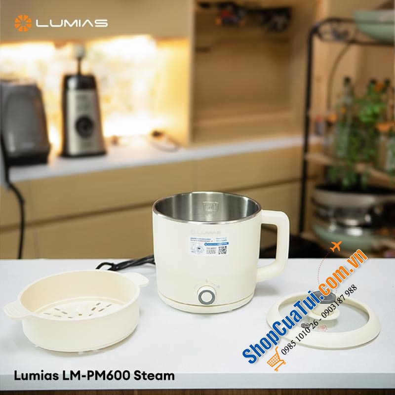 Lumias LM-PM600 - nồi lẩu điện mini đa năng dung tích 1.8L kèm khay hấp, nấu mì, nồi hấp, ăn lẩu 1-2 người, nấu ăn của các bạn sinh viên...