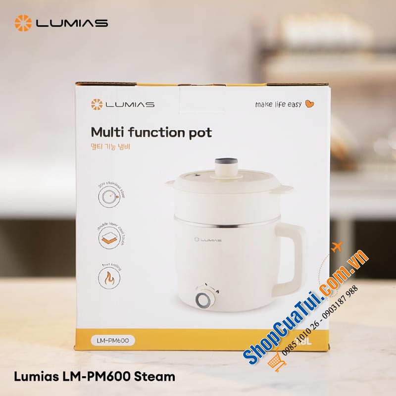 Lumias LM-PM600 - nồi lẩu điện mini đa năng dung tích 1.8L kèm khay hấp, nấu mì, nồi hấp, ăn lẩu 1-2 người, nấu ăn của các bạn sinh viên...