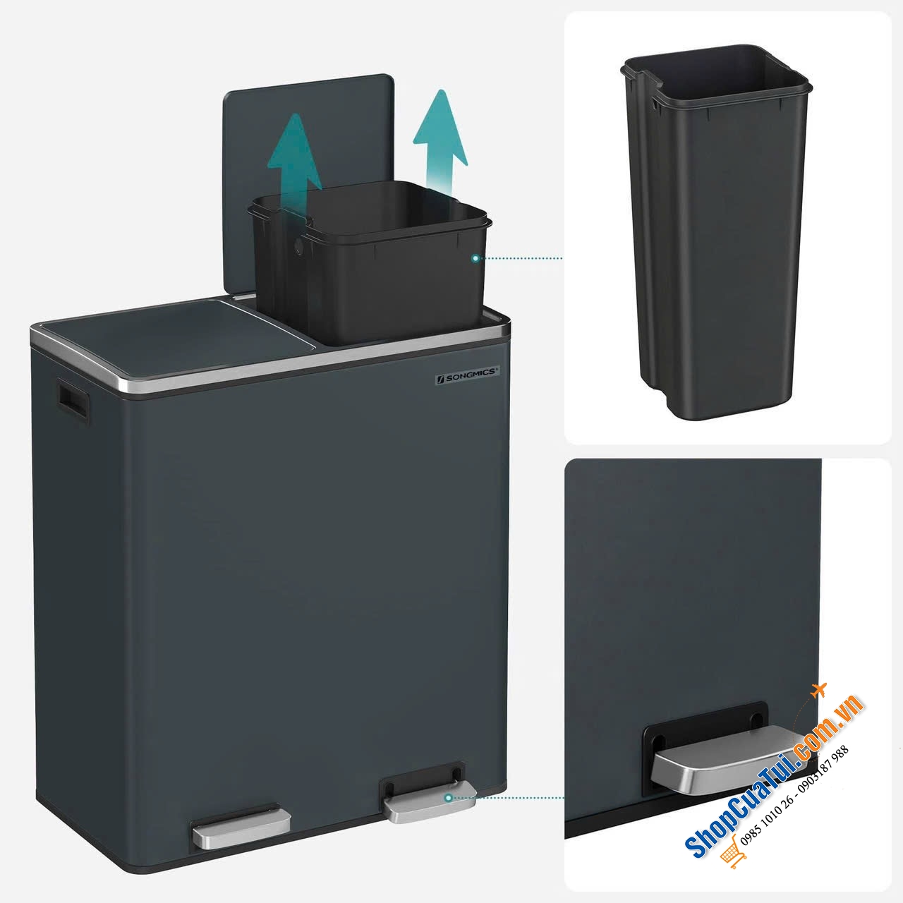 Thùng rác nhà bếp Songmics LTB060A01 màu Almond dung tích 60L siêu xịn và sang