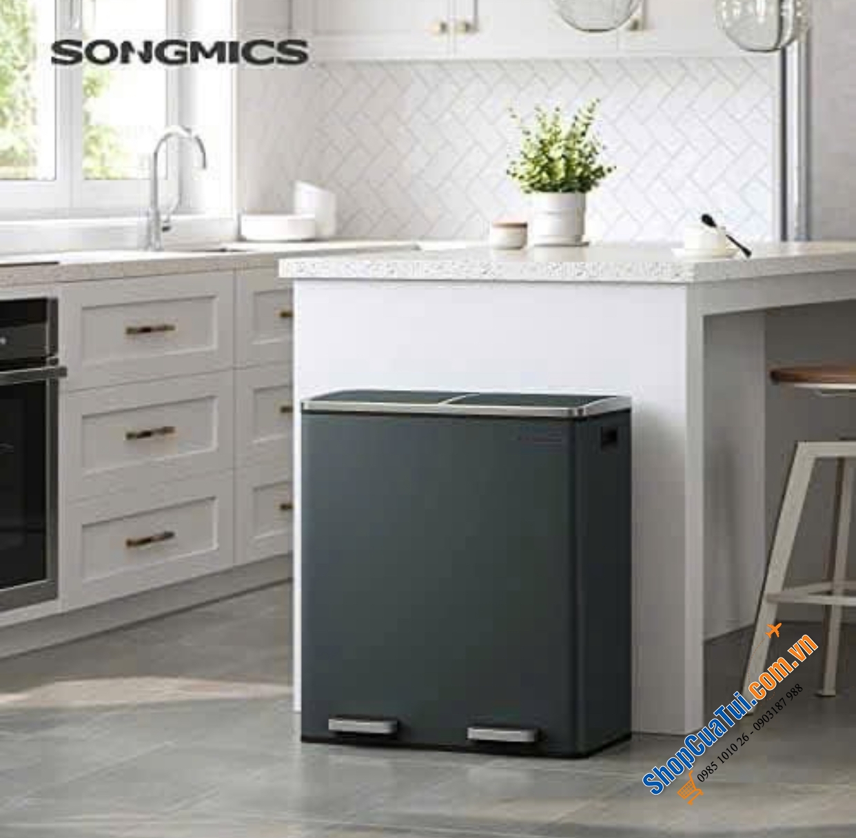 Thùng rác nhà bếp Songmics LTB060A01 màu Almond dung tích 60L siêu xịn và sang