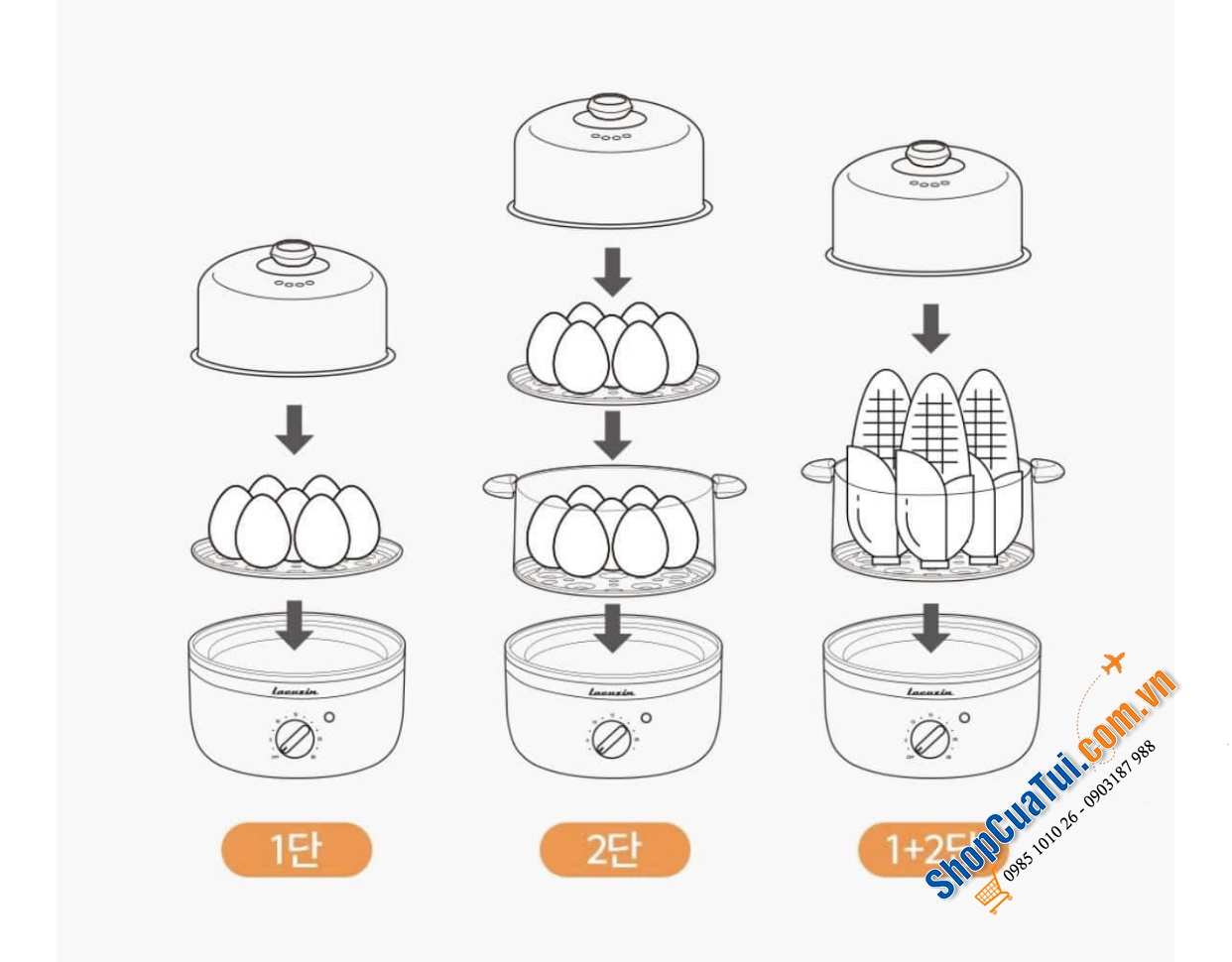 Nồi hấp trứng Lacuzin đa năng LCZ160 đời mới, thân thép - Hấp trứng, bánh, rau và các thực phẩm