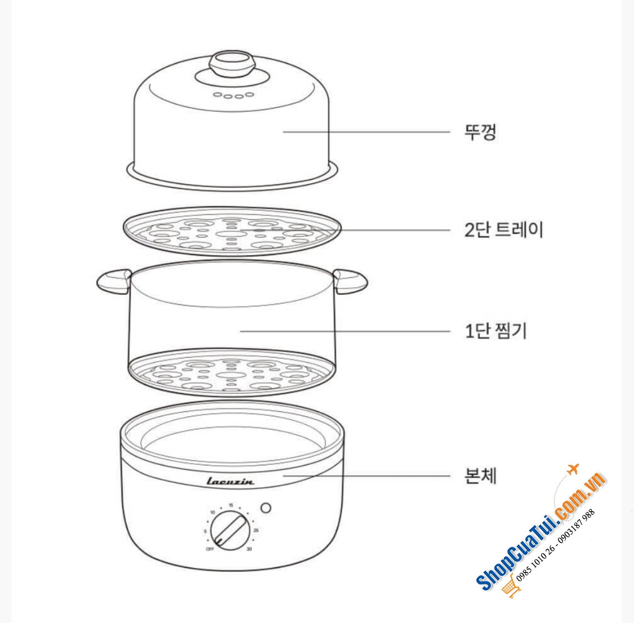 Nồi hấp trứng Lacuzin đa năng LCZ160 đời mới, thân thép - Hấp trứng, bánh, rau và các thực phẩm