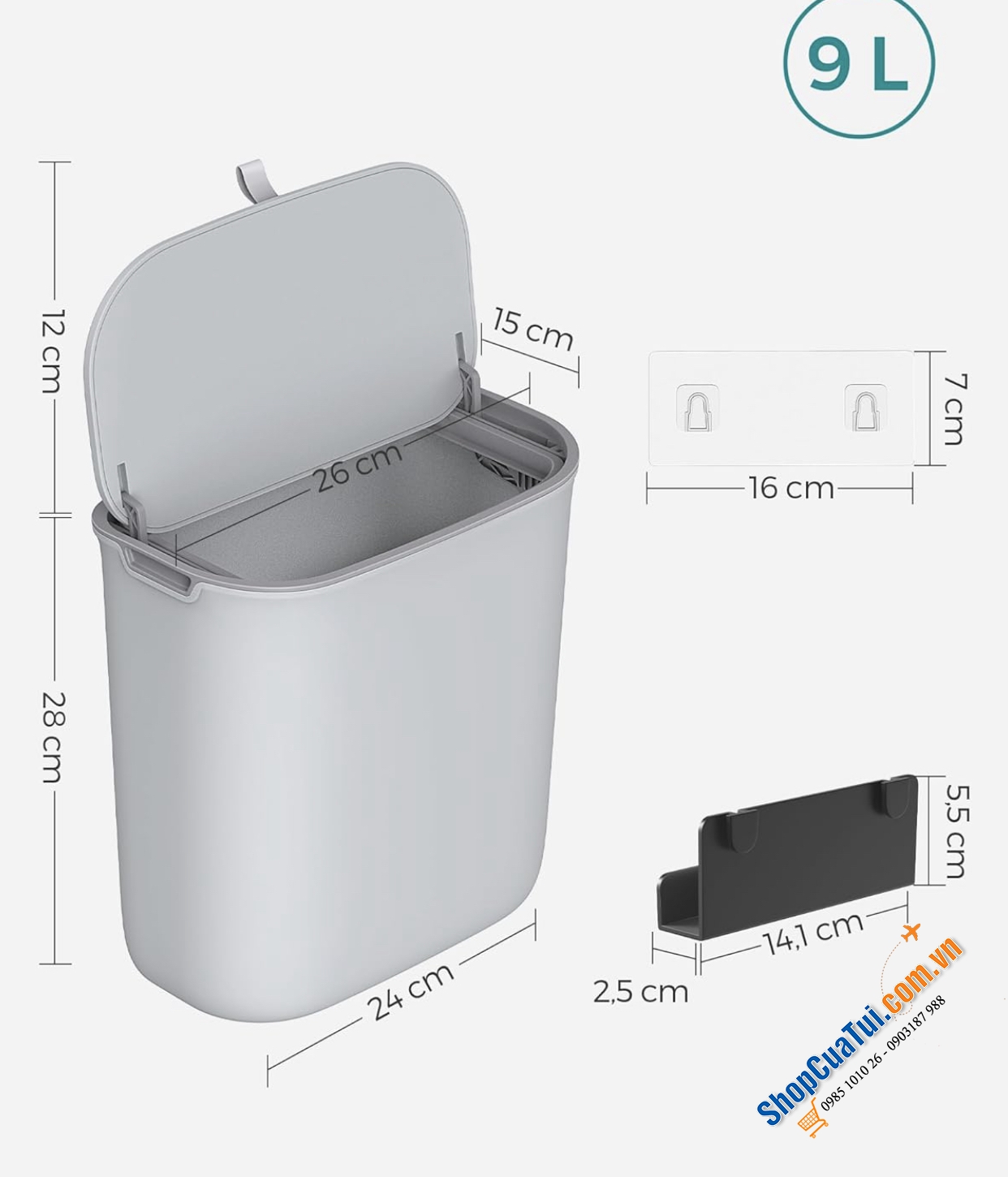 Thùng rác treo cánh tủ 9L Songmics LTB820G9 lật nắp 2 mặt, vừa tinh tế vừa hiện đại