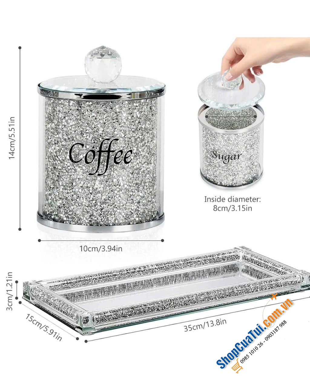 Set 3 hộp đựng pha lê kèm khay kim cương lấp lánh.