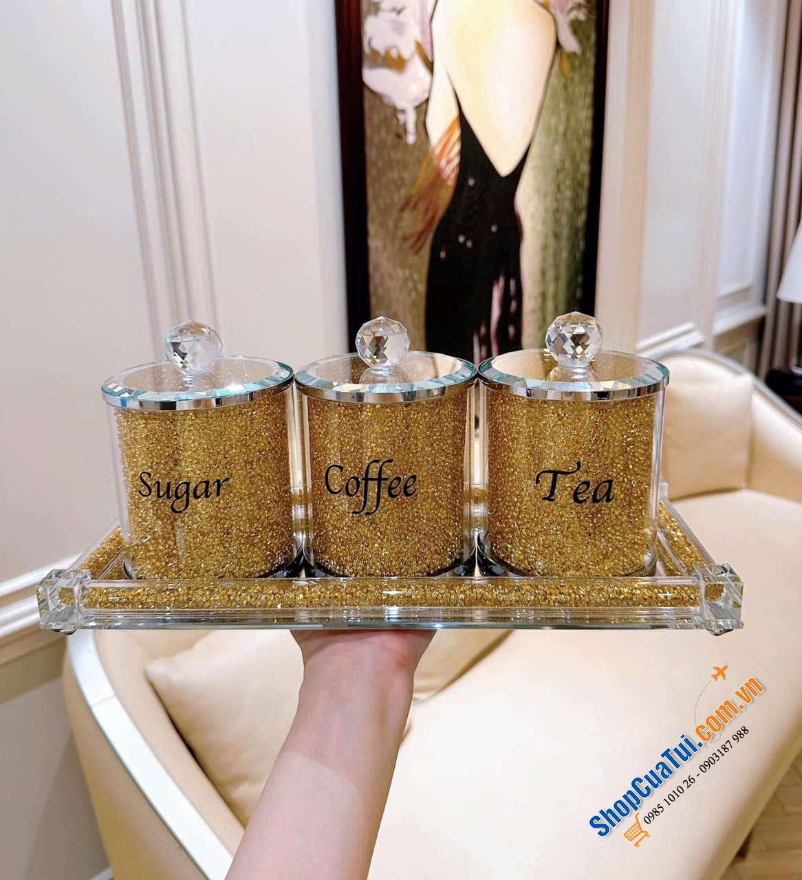 Set 3 hộp đựng pha lê kèm khay kim cương lấp lánh.