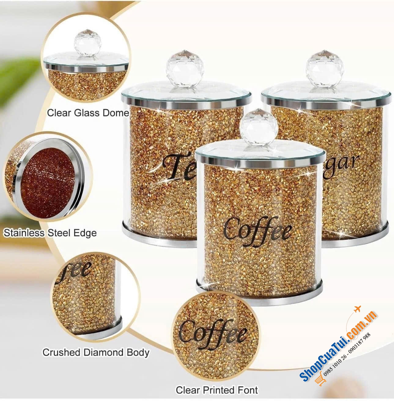 Set 3 hộp đựng pha lê kèm khay kim cương lấp lánh.